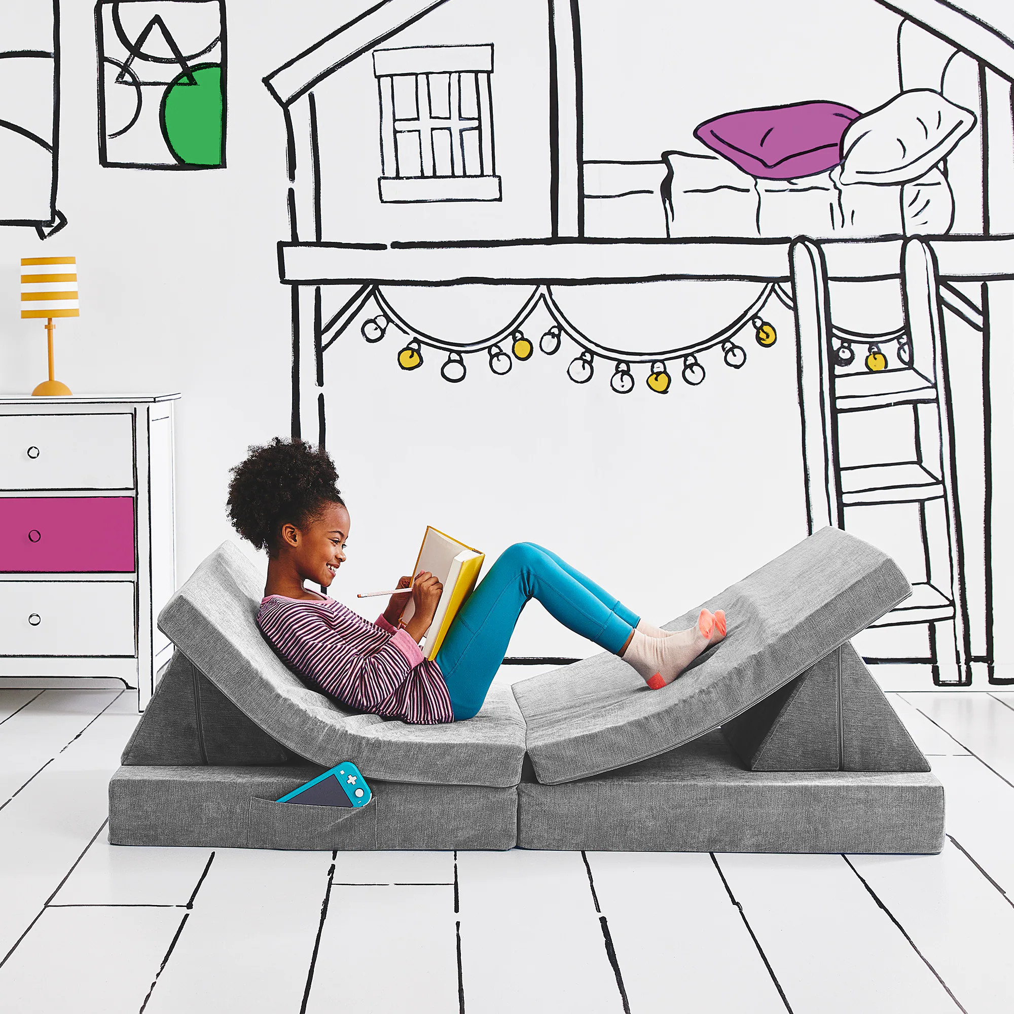 Yourigami Folding Convertible Kids and Toddler Play Couch 31-in Mountain Gray Upholstered Stackable Kids Accent Chair | 3076070 | Lowe's
