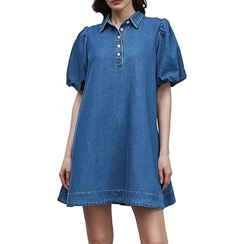 LifeShe Babydoll Denim Dress for Women Puff Sleeve Flowy Mini Jeans Dresses Button Down Jean Romp... | Amazon (US)