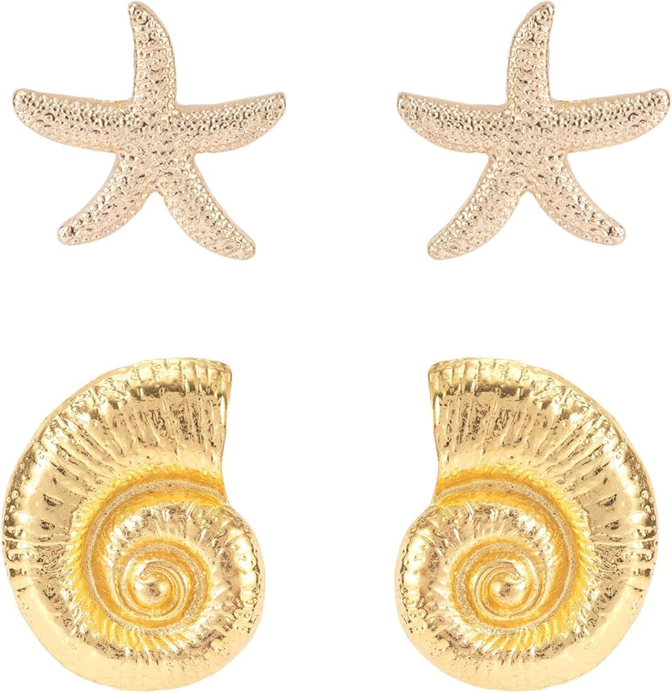 2 Pairs Gold Starfish Conch Shell Earrings, Summer Beach Earrings Set with Ear Nuts Cute Conch Se... | Amazon (CA)
