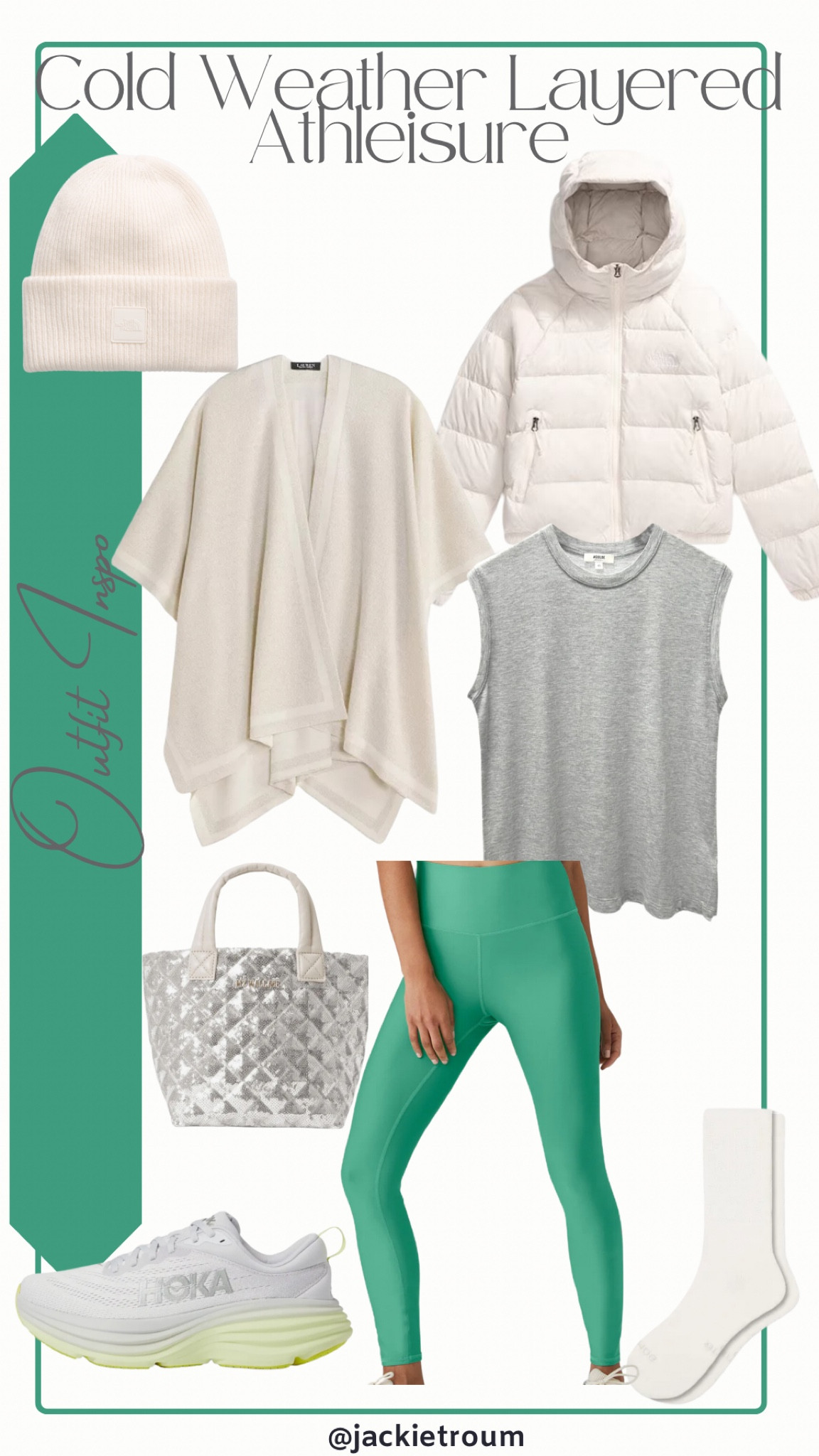 Cold Weather Layered Athleisure Fit

Green Leggings: Alo Yoga (color: lettuce)
Grey Muscle Tee: Agolde 
Creap Wrap: Lauren Ralph Lauren
Running Shoe: Hoka Bondi 8 (color: nimbus cloud/luminary green)
White Beanie & Puff Jacket: North Face
White Socks: Bombas

#LTKShoeCrush #LTKItBag

#LTKSeasonal #LTKStyleTip #LTKActive