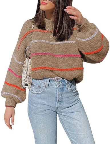 QIBABU Womens Striped Sweaters Casual Lantern Sleeve Color Block Knit Pullover Sweater Tops | Amazon (US)