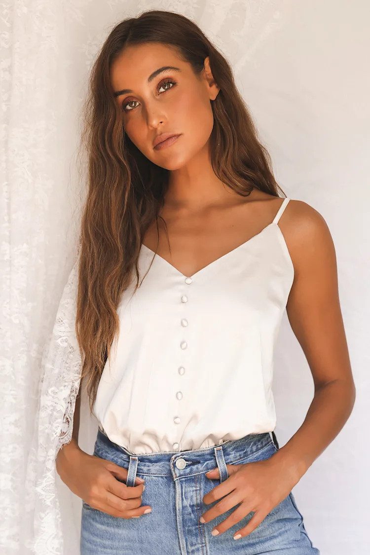 That Song Light Beige Satin Bodysuit | Lulus (US)