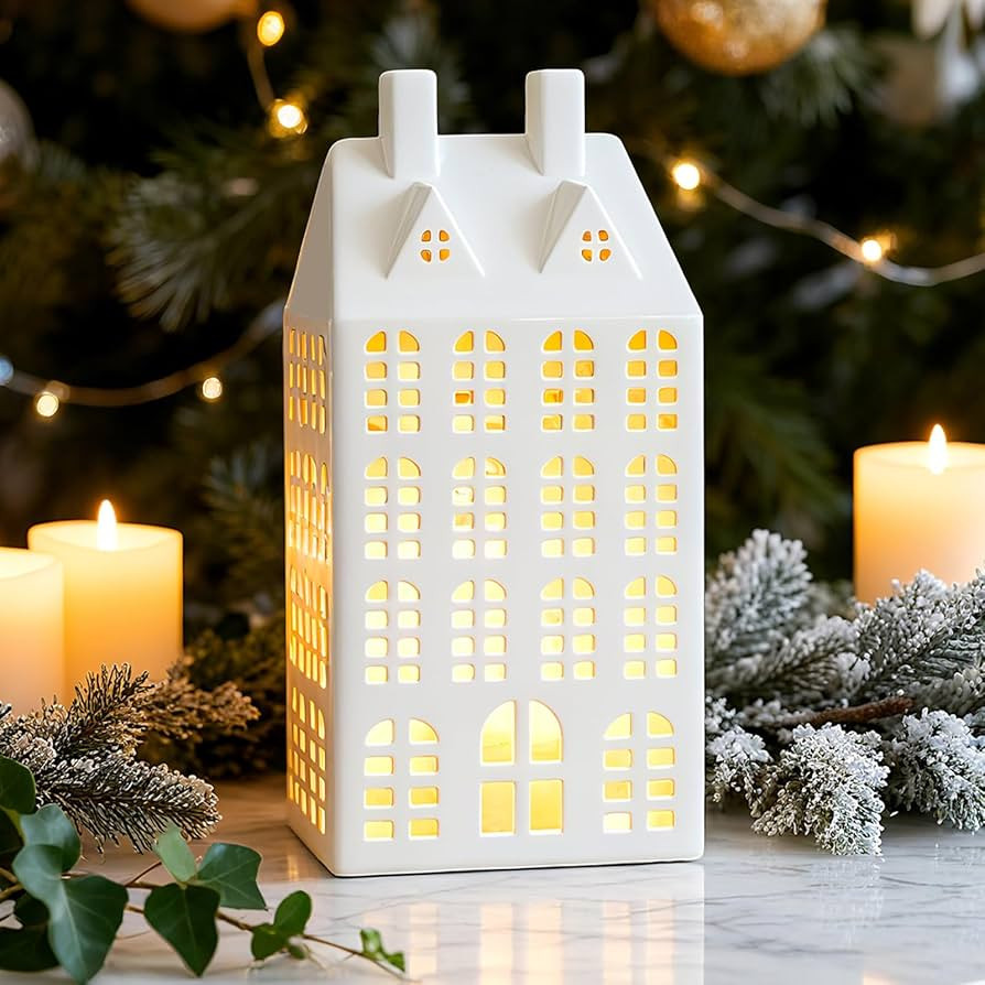 DN DECONATION Light Up Christmas Village House, White Ceramic House Decor with Lights, Modern Chr... | Amazon (US)