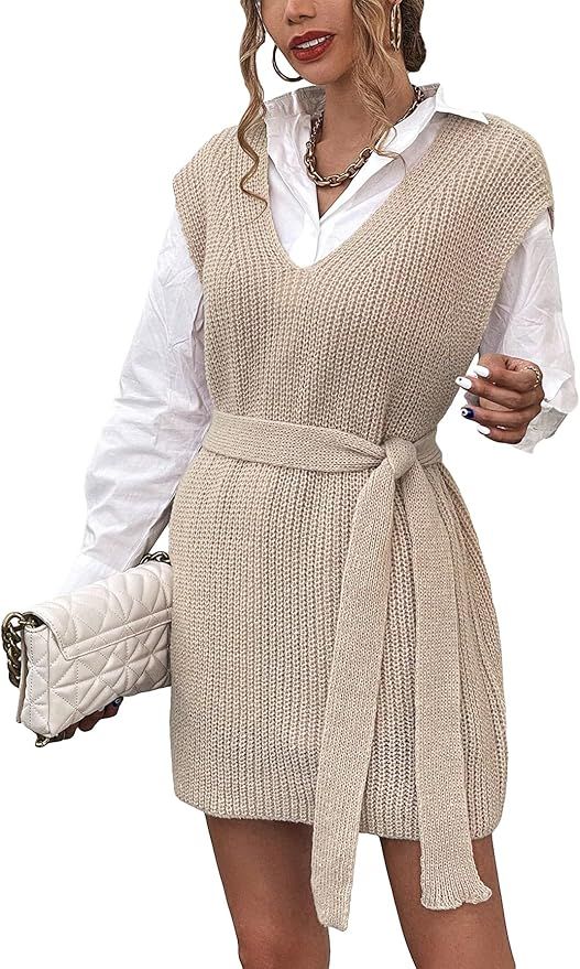 OYOANGLE Women's Sleeveless V Neck Belted Sweater Vest Knitted Loose Casual Pullover Sweater Top | Amazon (US)
