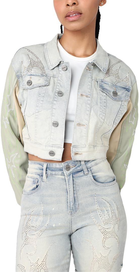 Smoke Rise Women's Cropped Rhinestone Detailed Jean Jacket | Amazon (US)