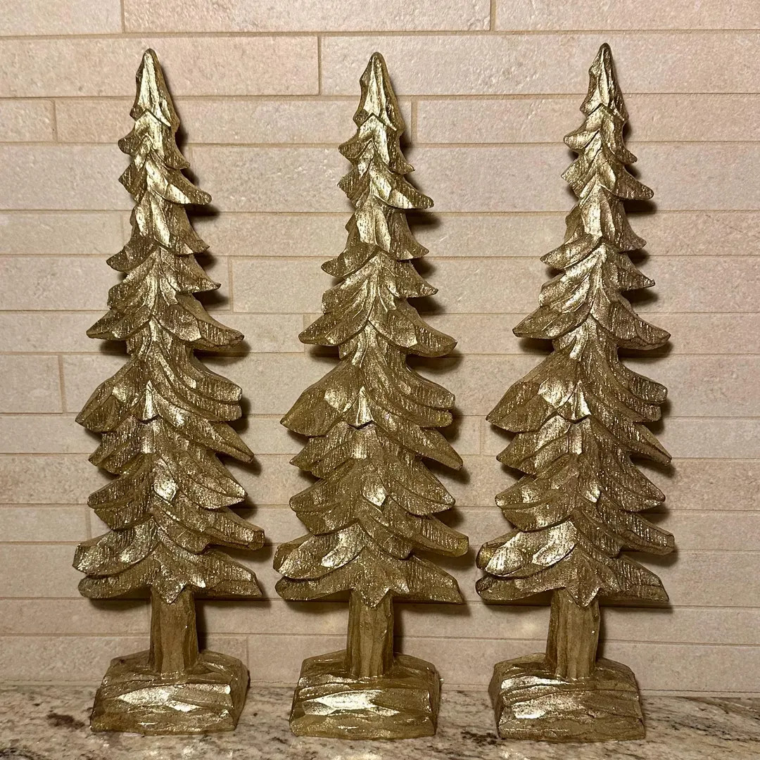 Set of 3 Christmas Trees With Carved Design By, Valerie Parr Hill, Gold Home, Holiday Decor. 14" ... | Etsy (US)