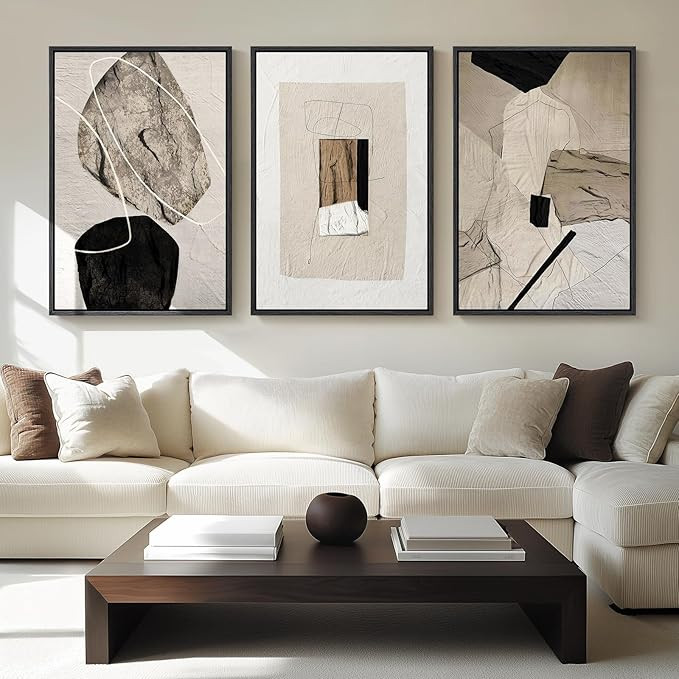 Large Framed Neutral Abstract Wall Art for Living Room, 3 Piece Modern Canvas Prints Paintings Ar... | Amazon (US)