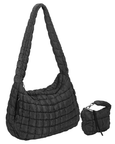 Large Puffer Tote Bag for Women with Mini Puffy Pouch Quilted Tote Carryall Bags Soft Crossbody Hobo Handbags Black | Amazon (US)