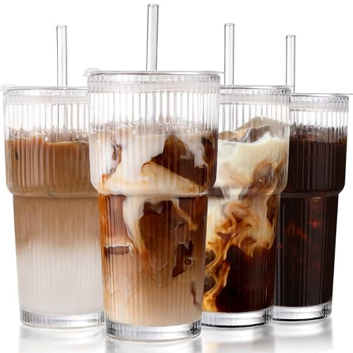 Iced Coffee Cups with Lids: Ribbed Glass Tumbler with Straw and Lid 4Pcs,Coffee Bar Accessories,20oz Leak Proof Tumbler - Reusable Glass Cups and Tumblers with Lids and Straws for To Go Iced Coffee | Amazon (US)