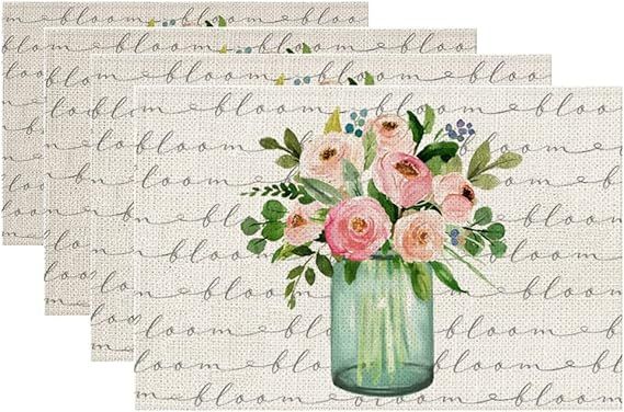 Hello Spring Bloom Stripes Floral Vase Placemats 18x12 Inches Seasonal Summer Decor Holiday Farmh... | Amazon (US)