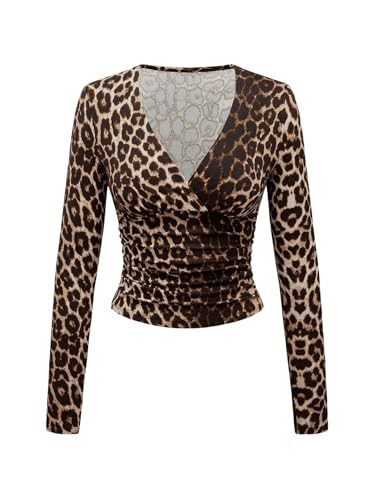 WDIRARA Women's Leopard Print Deep V Neck Shirt Long Sleeve Wrap Ruched Blouse Tops Multicolor Large | Amazon (US)