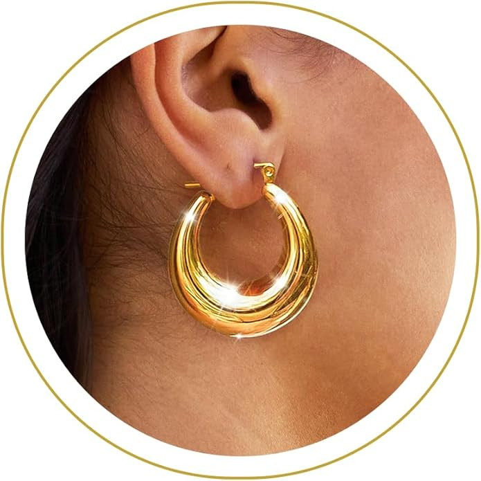 Chunky Gold Hoop Earrings for Women, 14k Gold Plated Thick Triple Hoop Earrings Hypoallergenic Tr... | Amazon (US)