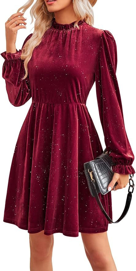 Jayscreate Women's 2023 Velvet Dress Elastic Waistline Fall Long Sleeve Wedding Guest Short Wrap ... | Amazon (US)