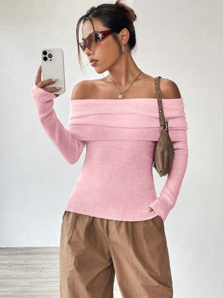 Off Shoulder Long Sleeve Sweater | SHEIN