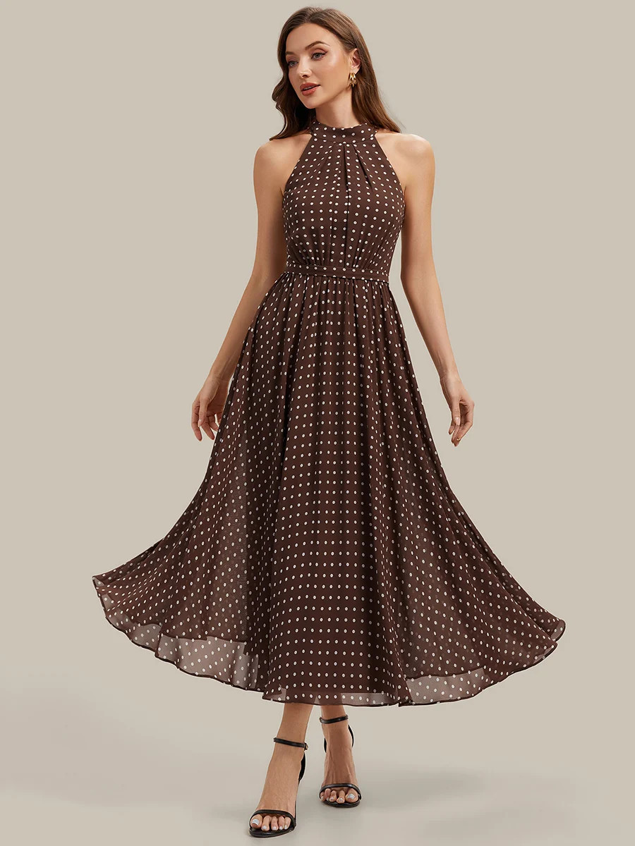 Polka Dots Pleated Chiffon Sleeveless Wedding Guest Dress | Ever Pretty Garment Inc