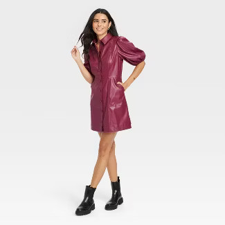 Women's Puff Short Sleeve Faux Leather A-Line Dress - A New Day™ Burgundy L | Target