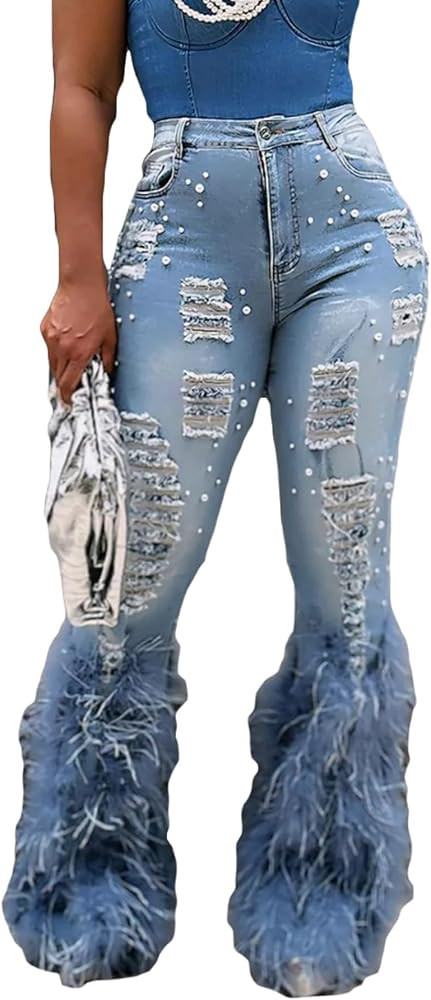 YOOTIKO Women Stretch Pearl Ripped Jeans High Waisted Butt Lifting Skinny Feather Flare Denim Pan... | Amazon (US)