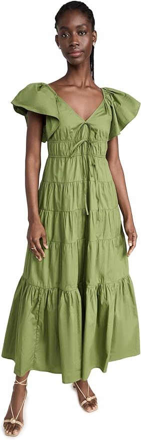 MOON RIVER Women's V-Neck Tie Front Shirred Tiered Ruffle Midi Dress | Amazon (US)