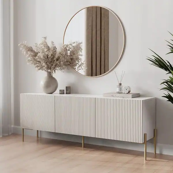 Living Skog Selline Beige TV Stand Console Fits TV's up to 65 in. with Metal Legs in Art Deco Des... | Bed Bath & Beyond