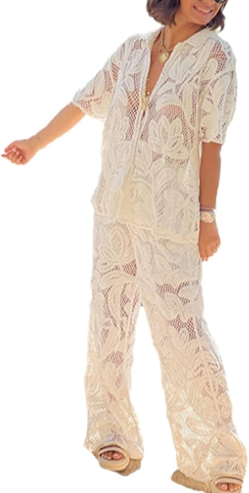 Womens Crochet 2 Piece Outfits See Through Hollow Out Short Sleeve Tshirt Wide Leg Pants Womens Casual Summer Outfit | Amazon (US)