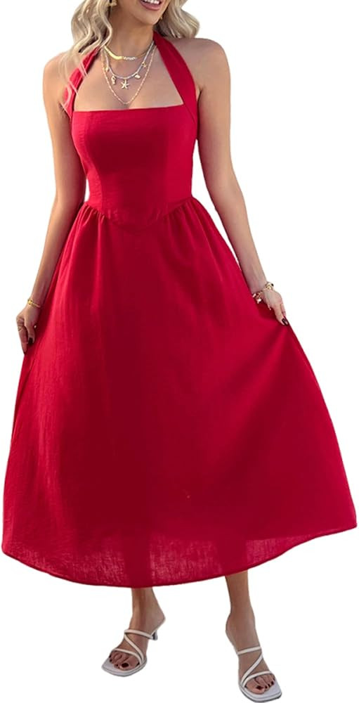 Moss Rose Women's Summer Sleeveless Halter Midi Dress High Waist Swing Flowy Beach Long Dresses | Amazon (US)
