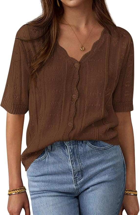 PRETTYGARDEN Womens Short Sleeve Crochet Knit Sweater Spring Fashion 2026 Button Down Lightweight... | Amazon (US)