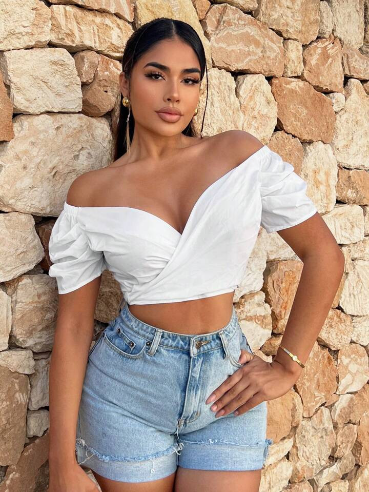 SHEIN SXY Off Shoulder Puff Sleeve Crop Blouse | SHEIN