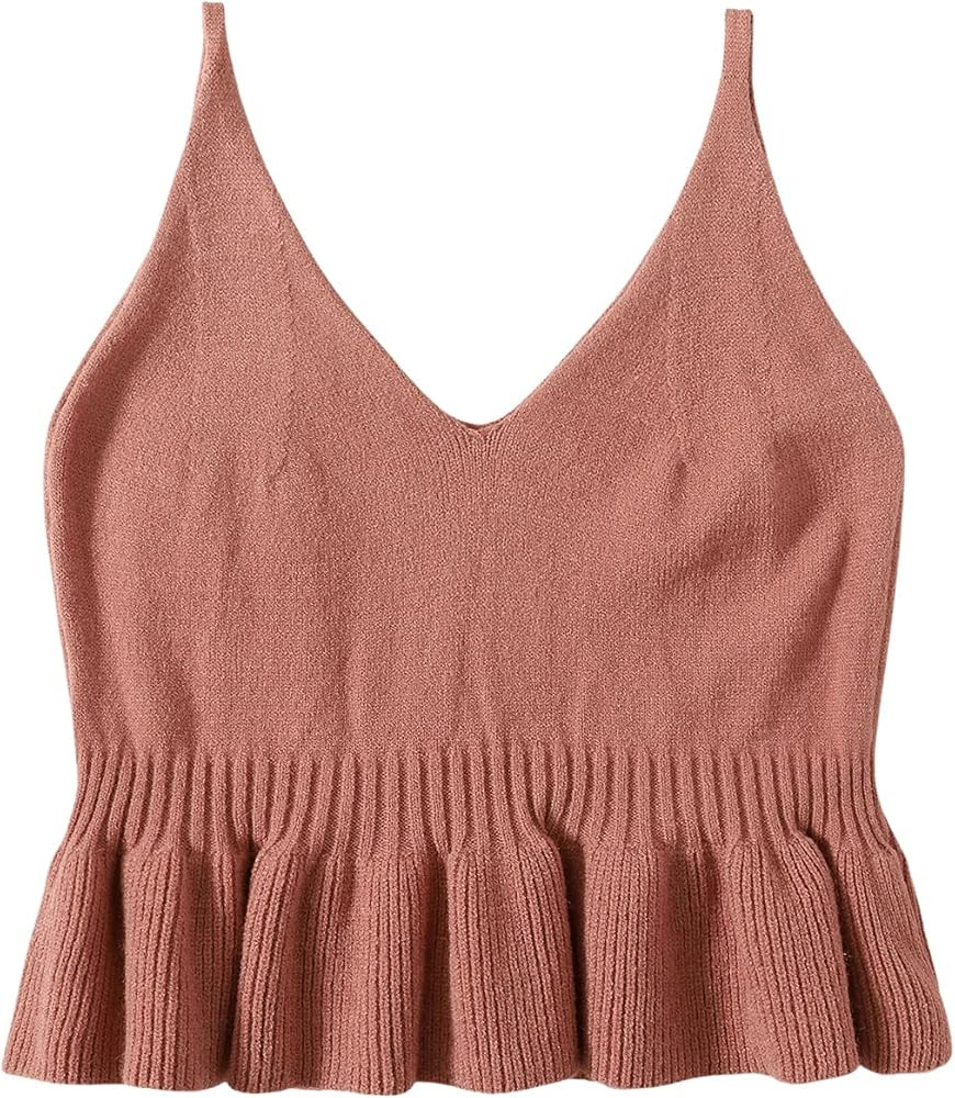 SweatyRocks Women's Casual Knit Top Sleeveless Ruffle Hem V Neck Peplum Crop Tank Top | Amazon (US)