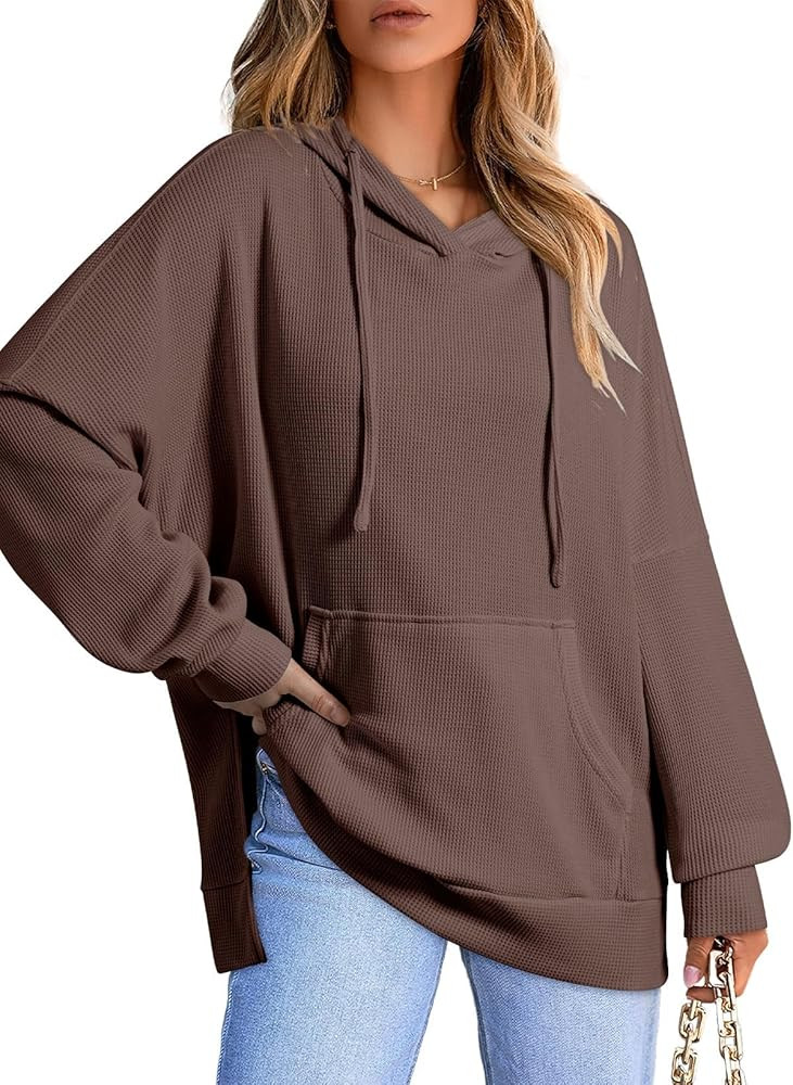 Dokotoo Oversized Hoodies for Women Casual Long Sleeve Waffle Knit Drawstring Side Slit Pullover ... | Amazon (US)