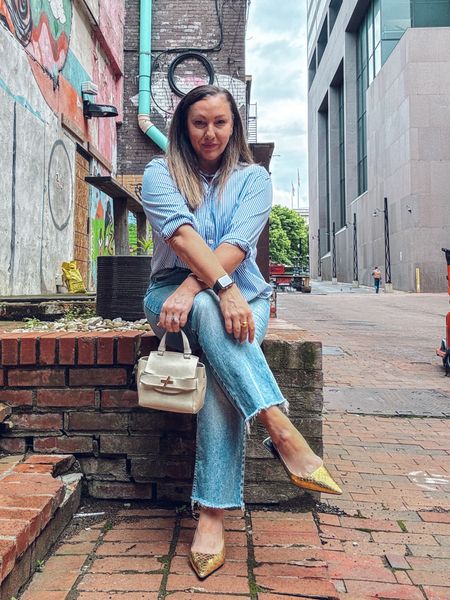 Sunday blues! Sorry if I’m blue color heavy right now but it’s just my thing!! 
Casual Sundays. Sunday style. Gold shoes. Cream bag. Spring style. Blue jeans. 

#LTKOver40 #LTKMidsize #LTKStyleTip