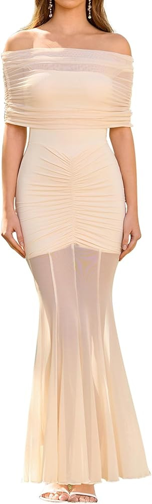 HTZMO Women Sexy Off Shoulder Bodycon Maxi Dress Strapless Ruched Wedding Guest Formal Party Long... | Amazon (US)