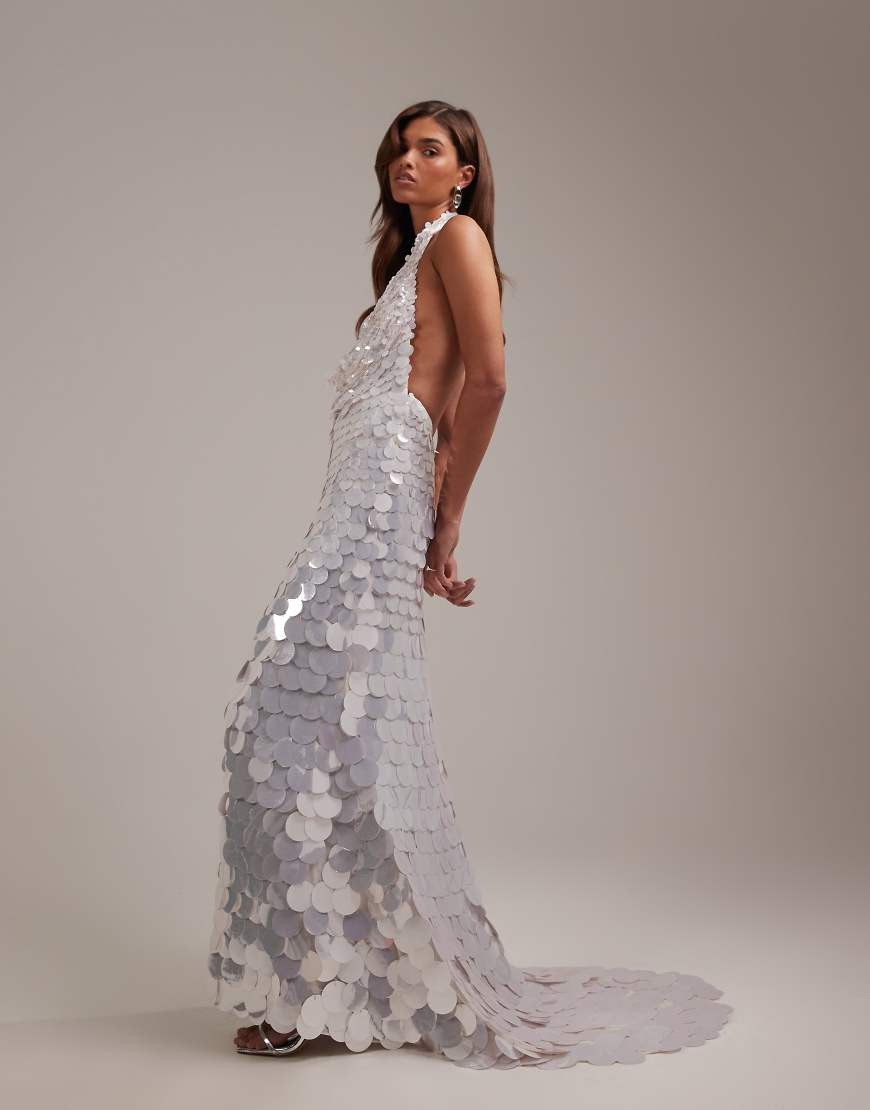 ASOS DESIGN large disc sequin plunge neck halter maxi wedding dress in white | ASOS (Global)