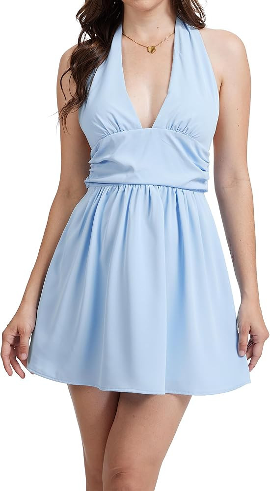 Women's Halter Neck Backless Mini Dress - Sexy Deep V Neck Chiffon Flowy Party Dress for Going Out Date Night | Amazon (US)