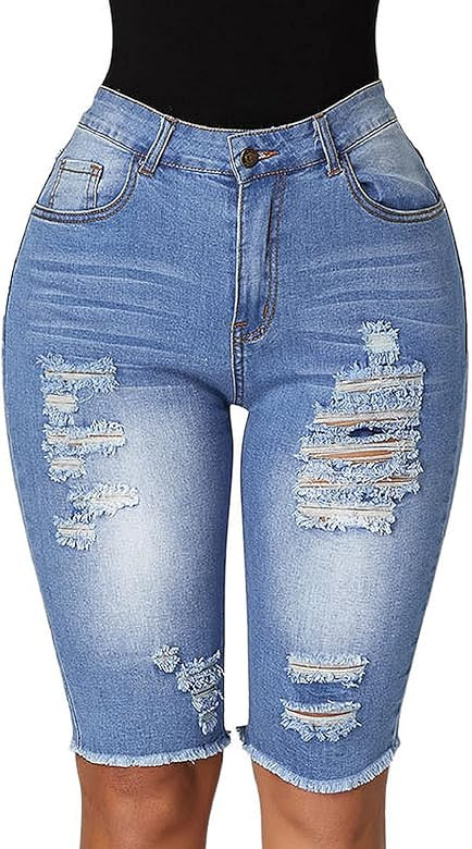 roswear Womens Destroyed Denim Ripped Mid Rise Bermuda Jean Shorts | Amazon (US)