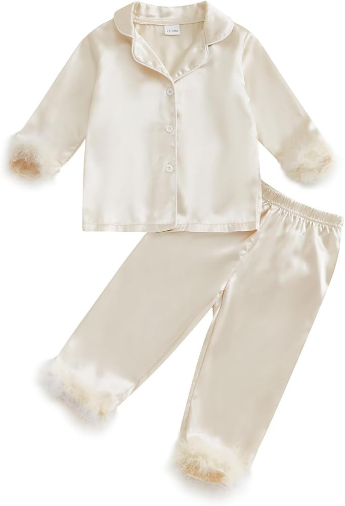 MAINESAKA Toddler Baby Girl Satin Pajamas Set Feather Trim Long Sleeve Button Down Tops Long Pant... | Amazon (US)