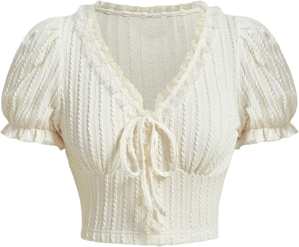 Verdusa Women's Knot Front Lace Trim Puff Sleeve V Neck Crop Tee Shirt Top | Amazon (US)