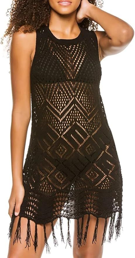 Bsubseach Women Lace Up V Neck Long Sleeve Crochet Swimsuit Cover Up Dress | Amazon (US)