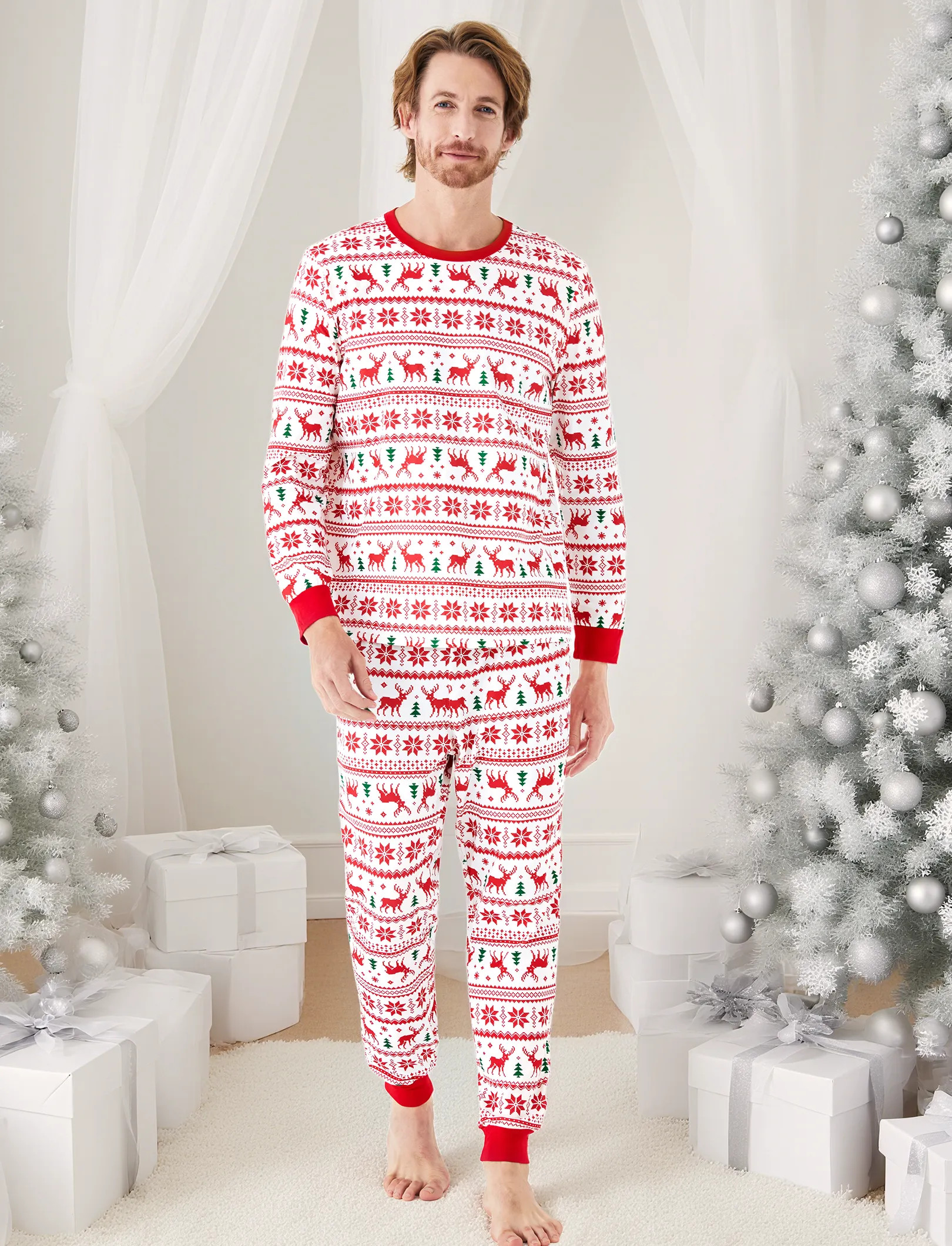 Christmas Reindeer and Snowflake Patterned Family Matching Pajamas Sets Red+White - Red+White / Men / L | PatPat