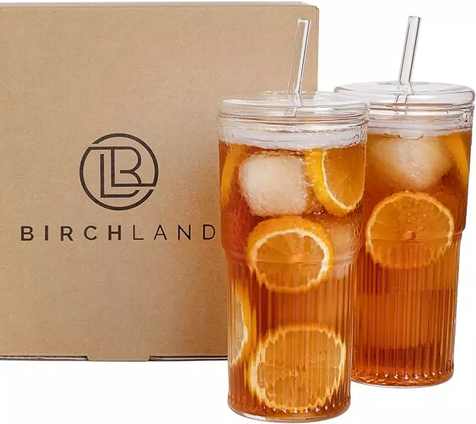  Birchland All Glass Iced Coffee Cup with Lid and Straw