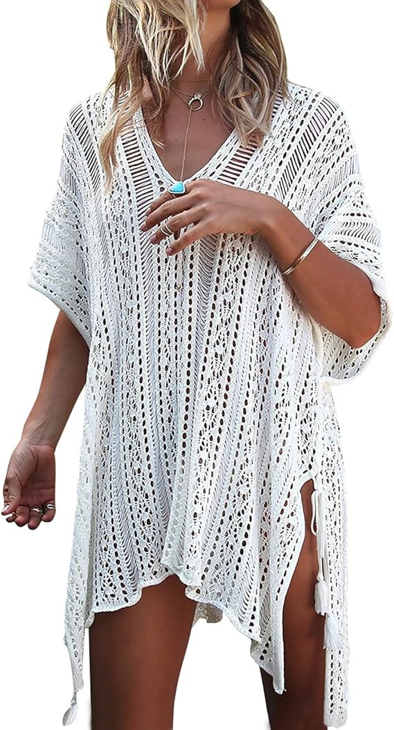 shermie Swimsuit Cover Ups for Women Short Sleeve V Neck Side Slit Loose Casual Mesh Knit Crochet... | Amazon (US)
