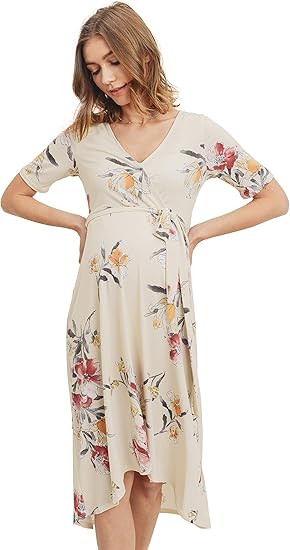 Women's Maternity Wrap Dress Midi Length with Waist Belt | Amazon (US)