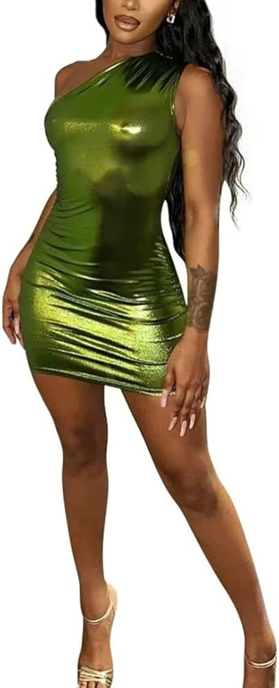 Women’s One Shoulder Bodycon Mini Dress Sexy Sleeveless Metallic Dresses Ruched Party Club Dres... | Amazon (US)