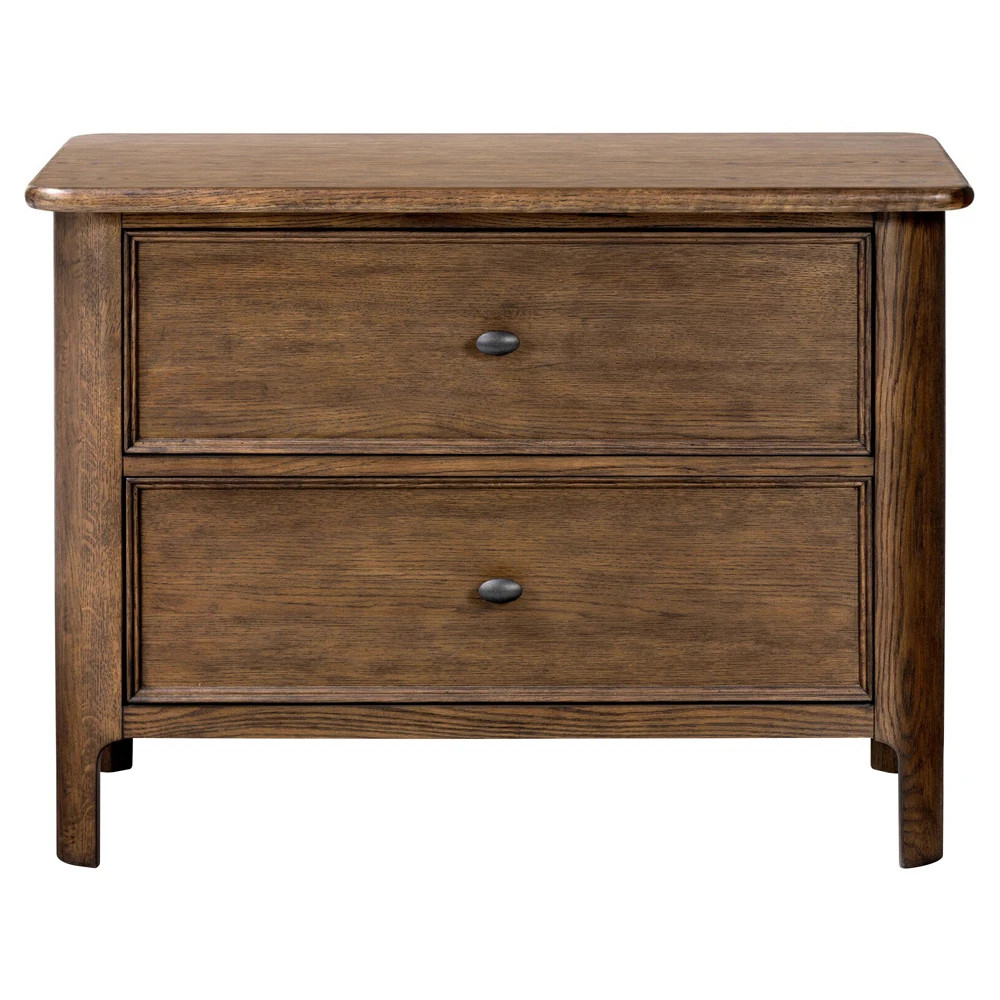 Lionel Rustic Lodge Brown Aged Oak Wide Nightstand | Kathy Kuo Home