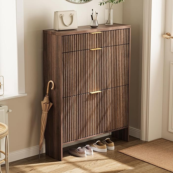 Fluted Shoe Cabinet Storage with 2 Flip Drawers & 1 Drawers, Wood Narrow Hidden Shoe Cabinet for ... | Amazon (US)