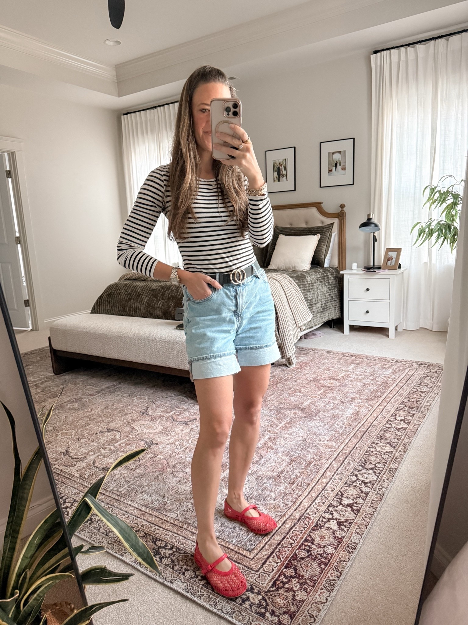 Preppy summer-to-fall outfit ❤️

Striped long-sleeve tee + cuffed denim shorts + red Mary Jane jelly flats. An easy transitional mom outfit when it’s still warm but you’re ready for fall style.

#LTKStyleTip #LTKSeasonal #LTKMomStyle #LTKFallStyle #LTKClassicStyle

#LTKootd #LTKgrwm #LTKmomlife