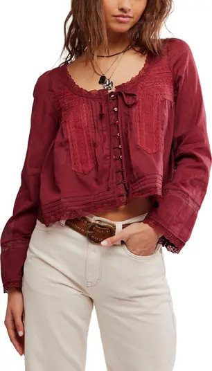 Free People Evermore Lace Inset Semisheer Cotton Top in Ivory at Nordstrom, Size X-Small | Nordstrom