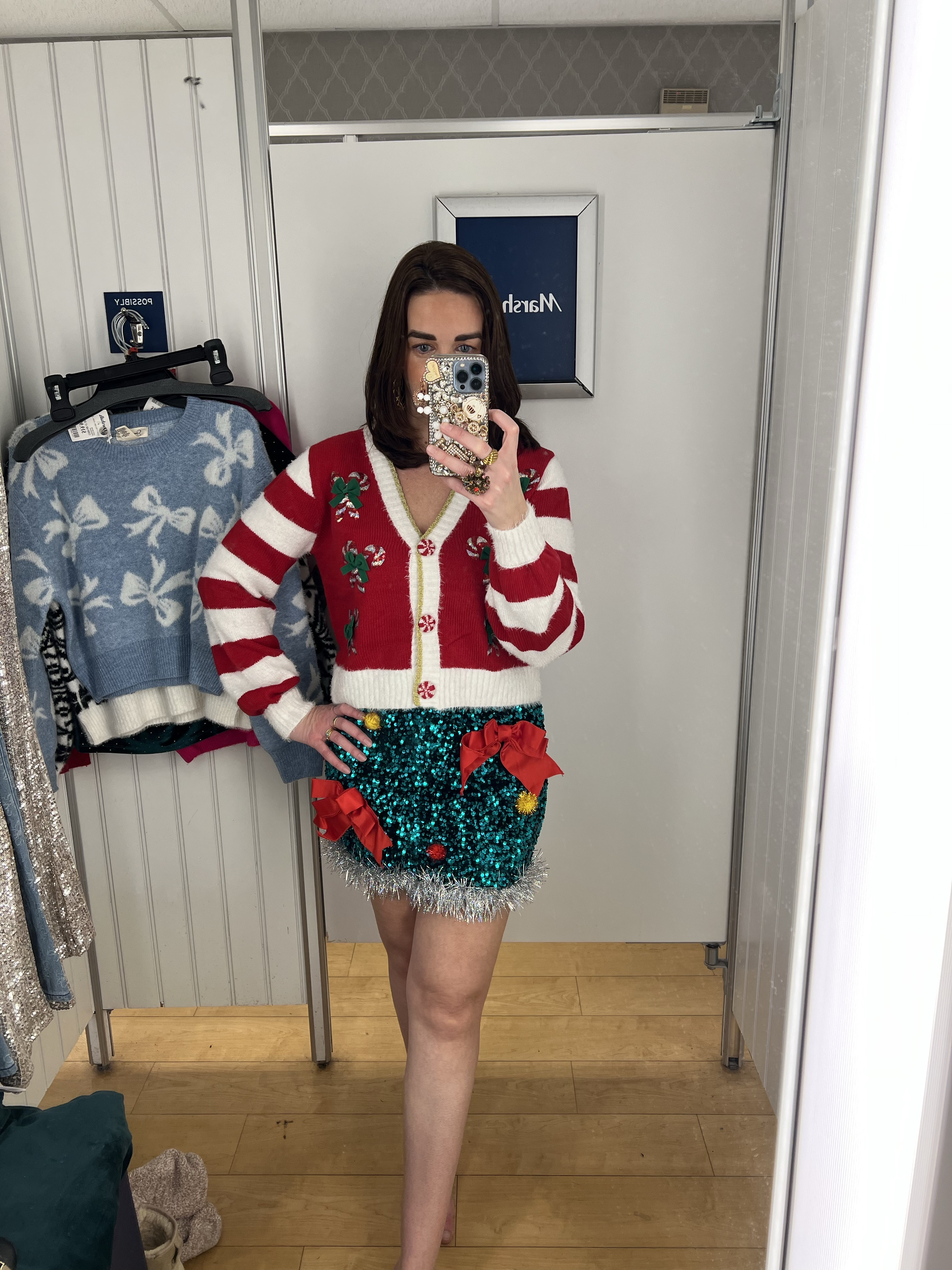 Candy cane striped cardigan (small). Christmas green sequin skirt (small). #cardigan #sweater #stripedcardigan #winteroutfits #earrings #candycanecardigan #winteroutfit #holidayoutfit #greenskirt #skirt #sequinskirt #christmasskirt Winter Outfit 

#LTKSeasonal #LTKFindsUnder100 #LTKStyleTip