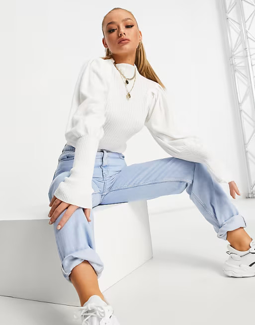 Parisian puff sleeve high neck ribbed sweater in cream | ASOS (Global)