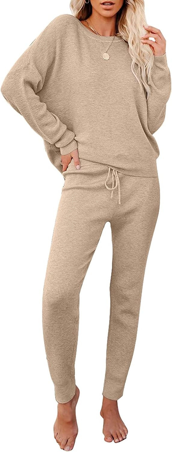 luvamia Women's Casual Pajama Set Fuzzy Fleece Knitted Long Sleeve Pj Loungewear | Amazon (US)