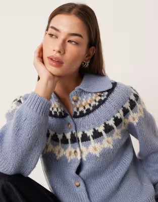 AWARE chunky wool mix fairisle knit polo neck cardigan in soft blue | ASOS (Global)